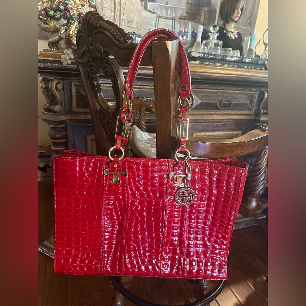Tory Burch Red Crocodile Embossed Jordana Tote Bag